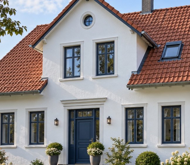 Neu gestaltete helle Fassade eines Einfamilienhauses