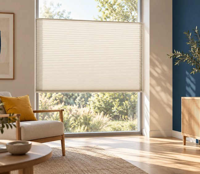 Wohnraumfenster mit halb heruntergelassenem cremefarbenem Faltstore