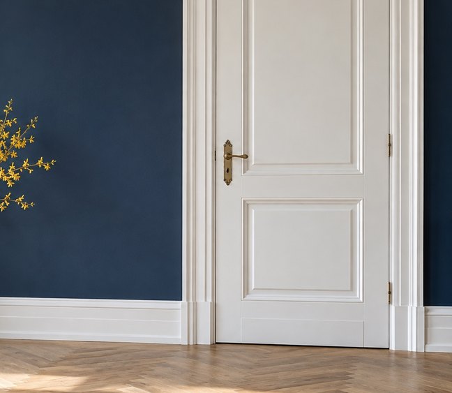 Wandgestaltung in tiefem Blau mit weißen Zierleisten