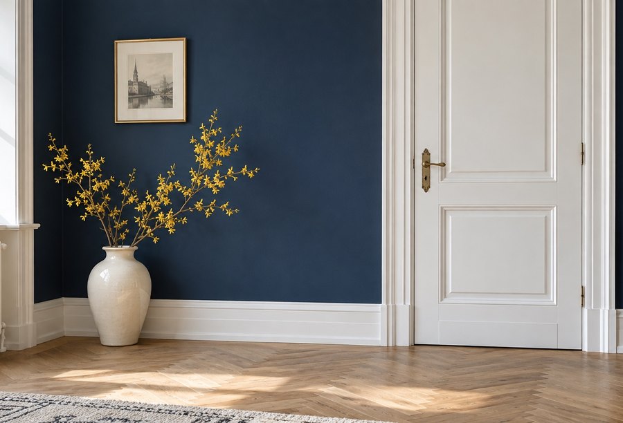 Tiefblaue Wand mit weißen Zierleisten und gelben Blüten