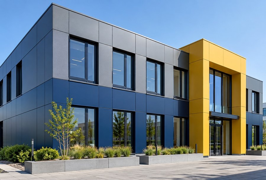 Modernisierte Gewerbefassade in Blau, Grau und Gelb