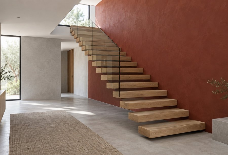Renoviertes Treppenhaus mit roter Akzentwand