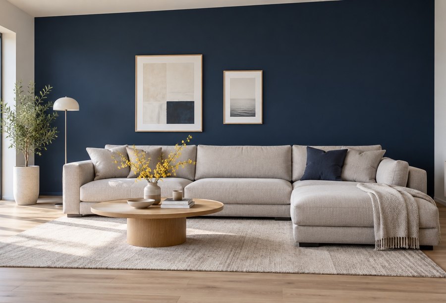Modernes Wohnzimmer mit tiefblauer Akzentwand
